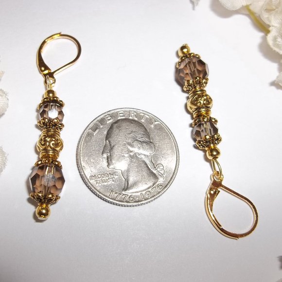 Pair of Dangle Earrings Brown Gold Lever Back 6405 - Picture 4 of 10